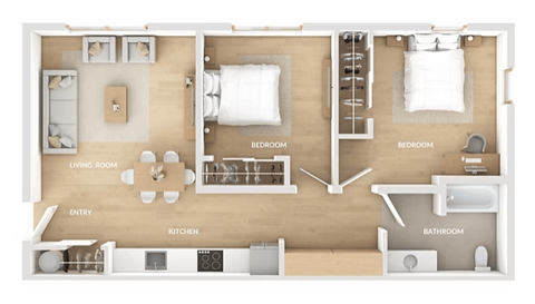 Floor plan for 2 beds, 1.5 baths, 791 sqft